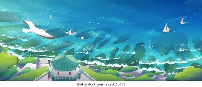 Atemberaubende Panorama-Landschaft in Xiaoliuqiu Insel, Taiwan. Der Pavillon Wanghai liegt auf der Klippe und überblickt den klaren Ozean voller wunderschöner Riffe.