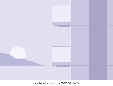 Breathtaking scene of a hotel perched by the sea, where gentle waves meet the shore, Sunlight casts a warm glow, creating a tranquil atmosphere at dusk.