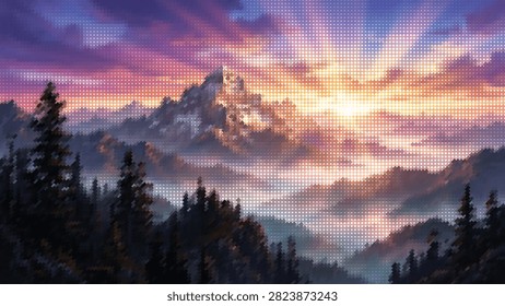 Breathtaking snowy mountain view during golden hour sunrise featuring dramatic sunbeams over forest and misty valley floor.