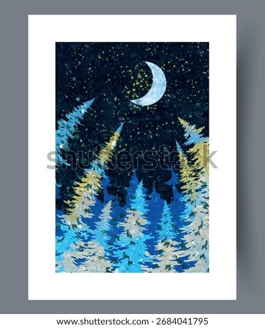 A breathtaking Starry Night showcasing a beautiful Crescent Moon along with Evergreen Trees