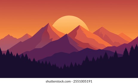 atemberaubender Sonnenaufgang beleuchtet die Berge und wirft warme Farbtöne über die Landschaft, flache Vektorgrafik