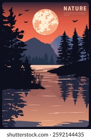 A breathtaking sunset casts vibrant colors over a serene lake. Silhouettes of tall trees reflect in the water while mountains rise in the background under a glowing moon.