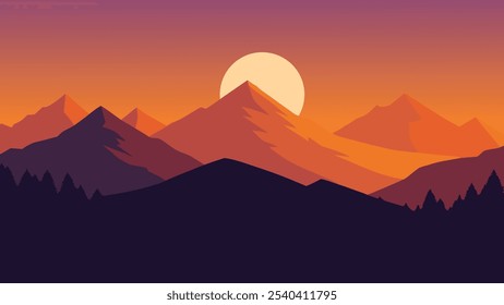 atemberaubender Sonnenuntergang wirft warme Farbtöne über majestätische Berge, sodass eine ruhige und malerische Landschaft flache Vektorgrafik