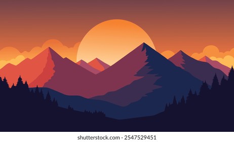 atemberaubender Sonnenuntergang wirft warme Farbtöne über majestätische Berge, sodass eine ruhige und malerische Landschaft flache Vektorgrafik