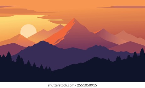 Atemberaubender Sonnenuntergang wirft warme Farbtöne über majestätische Berge und erzeugt eine ruhige und malerische Landschaft, flache Vektorgrafik