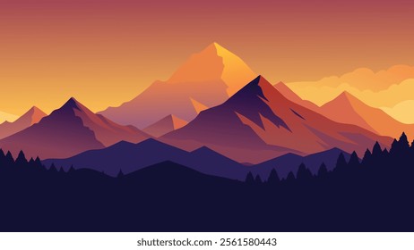 
Breathtaking sunset casts warm hues over a majestic mountain range, illuminating the peaks against a colorful sky flat vector illustration natural background