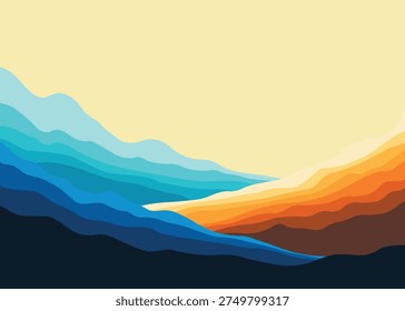 A breathtaking sunset glows over a misty mountain range as the evening sun dips below the horizon, illuminating a serene nature landscape of forest valleys and snow-capped hills under a cloudy sky