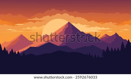 
Breathtaking sunset illuminates the clouds above majestic mountains, creating a picturesque scene flat vector illustration