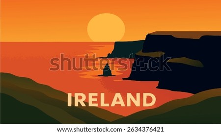 A breathtaking sunset over the Moher Cliffs in Ireland, where the golden light of the setting sun casts a warm glow over the dramatic cliffs and the expansive Atlantic Ocean below