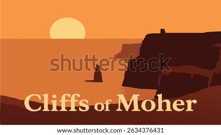 A breathtaking sunset over the Moher Cliffs in Ireland, where the golden light of the setting sun casts a warm glow over the dramatic cliffs and the expansive Atlantic Ocean below