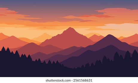 
Breathtaking sunset paints the mountains in warm hues, with clouds adding depth to the peaceful twilight sky flat vector illustration natural background