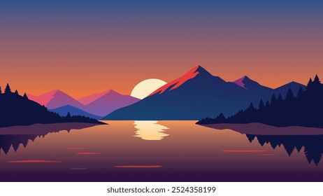 Atemberaubender Sonnenuntergang malt den Himmel und die Berge in lebhaften Farben, mit ruhigem Wasser, das die atemberaubende Szene widerspiegelt, flache Vektorgrafik.