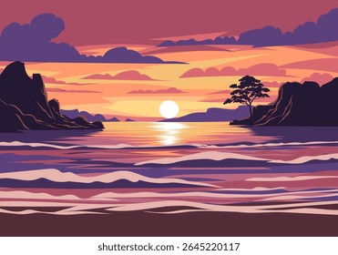A breathtaking vector illustration of a beach sunset, framed by rugged rocky cliffs on both sides, with golden waves lapping at the shore under a vibrant dusk sky