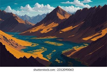 A breathtaking vector illustration of a beautiful mountain river, meandering through picturesque landscapes.