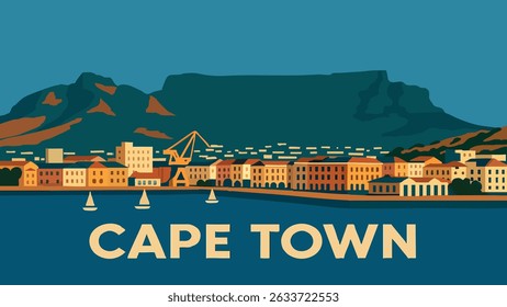 A breathtaking vector illustration of Cape Town with the iconic Table Mountain in the background, offering a stunning sunset cityscape.