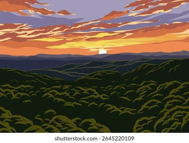 A breathtaking vector illustration of a forest at sunset from an aerial perspective, showcasing vibrant dusk colors 