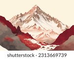 A breathtaking vector illustration of Mount Everest captures its towering presence and majestic beauty, with intricate details showcasing the snowy peaks and rugged terrain, symbolizing the ultimate c