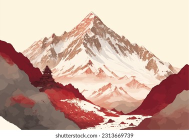 A breathtaking vector illustration of Mount Everest captures its towering presence and majestic beauty, with intricate details showcasing the snowy peaks and rugged terrain, symbolizing the ultimate c