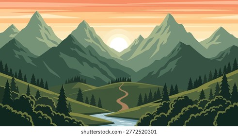 Breathtaking vector illustration of a serene mountain landscape at dawn, showcasing a winding river through lush green valleys and towering peaks under a vibrant sky
