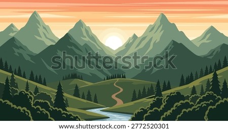 Breathtaking vector illustration of a serene mountain landscape at dawn, showcasing a winding river through lush green valleys and towering peaks under a vibrant sky