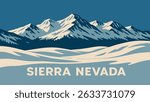 A breathtaking vector illustration of the Sierra Nevada Mountains blanketed in snow, showcasing the pristine winter landscape with towering snow-capped peaks under a clear blue sky.