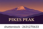 A breathtaking vector-style illustration of Pikes Peak, showcasing its towering summit, wildflowers, and rugged terrain in a serene mountainous landscape