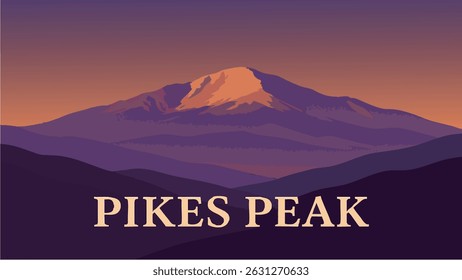 Ilustração em estilo vetorial de tirar o fôlego do Pikes Peak, mostrando seu cume imponente, flores silvestres e terreno acidentado em uma paisagem serena montanhosa