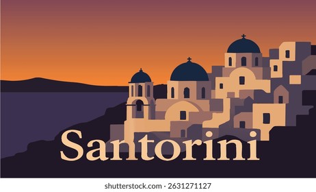 A breathtaking vector-style illustration of Santorini at sunset, highlighting its iconic whitewashed buildings, blue domes, and the expansive ocean horizon