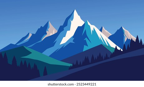 atemberaubende Aussicht auf die Dolomiten in Italien, majestätische Gipfel und üppige Täler unter einem klaren blauen Himmel, Vektorgrafik