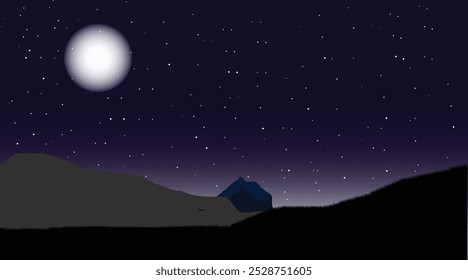 ein atemberaubender Blick auf einen Mond am Nachthimmel, der hell unter den Sternen leuchtet, über eine Berglandschaft-Konzeptgrafik.