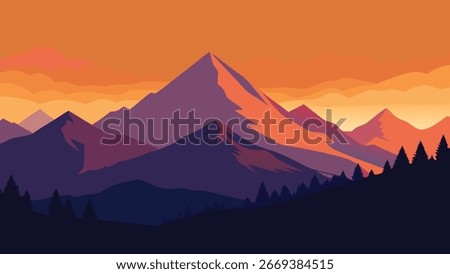 Breathtaking view of a mountain range against a vivid sky, featuring a blend of warm colors as the sun set flat illustration.