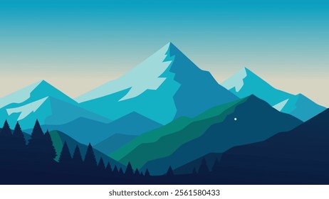 Breathtaking view of a mountain range enveloped in clouds, with verdant trees enhancing the natural scenery flat vector illustration