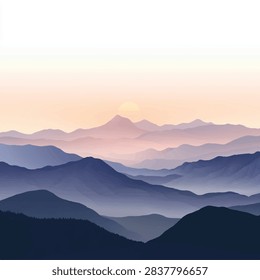 A breathtaking view of a mountain range at sunrise, featuring layers of misty peaks in shades of blue and purple, creating a tranquil and atmospheric scene.