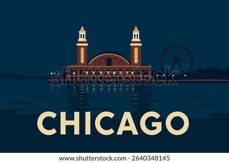 A breathtaking view of Navy Pier and the iconic Ferris wheel in Chicago, illuminated at night with the city's skyline and lakefront shimmering in the background.