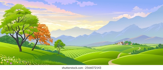 A Breathtaking View of Rolling Green Hills, Serene Wildflowers, and Majestic Mountains at Sunrise