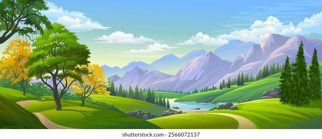 A Breathtaking View of Serene Green Hills, Flowing Rivers, and Majestic Mountains Under a Cloudy Sky