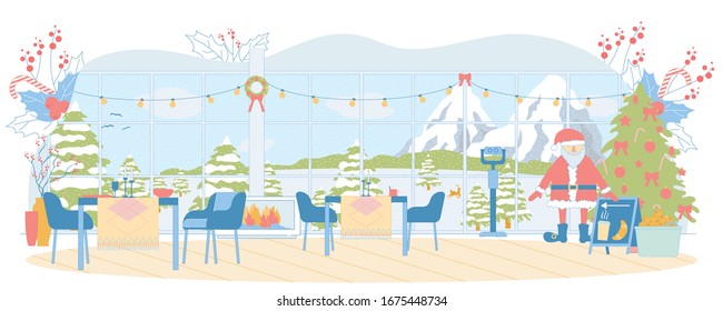 Breathtaking View through Mountain Restaurant Windows. Snowy Peaks and Slopes. Christmas Tree, Santa Claus Toy, Laid Tables Waiting for Customers. Background with Red Berries and Candy Canes.