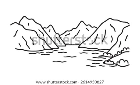 Breathtaking vista of the ocean alongside towering mountains, capturing a tranquil and scenic environment line art flat vector illustration.