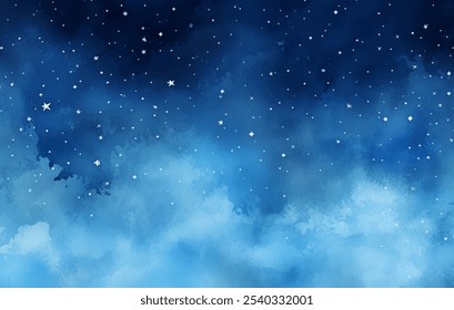 Atemberaubende Aquarellmalerei eines Nachthimmels, mit unzähligen funkelnden Sternen. Blaue Farbtöne und zarte Pinselstriche heitere und ätherische Atmosphäre, Vektorhintergrund. Sinn für kalte Winterluft