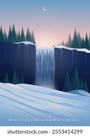 A breathtaking winter scene featuring a majestic waterfall, under a sky painted with hues of pink and orange.