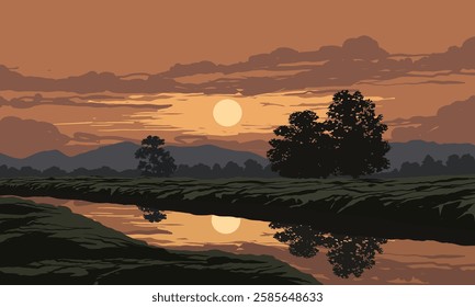 Breathtaking woodland creek sunset scenery 