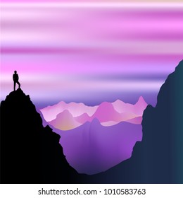 Breathy and Misty Purple Mountains Landscape, the top of the World, soft pastel color, and a lone man standing and watching the amazing spectacle of the breathtaking Surreal Nature in front of him. 