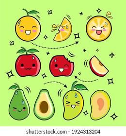 Brebes Indonesia, Cute fruits illustration, mango, orange, Apple and avocado for graphic design