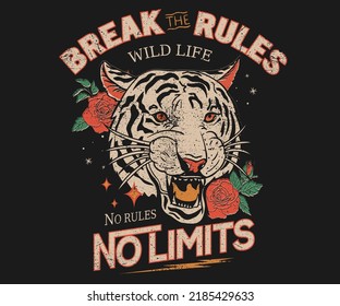 Breck the rules. Tiger face print design for t-shirt. Rock and roll vintage artwork for poster, sticker, background and others. Animal face. Wild life illustration. 