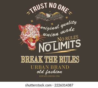 Breck the rules vector t-shirt design. Leopard face vintage artwork.