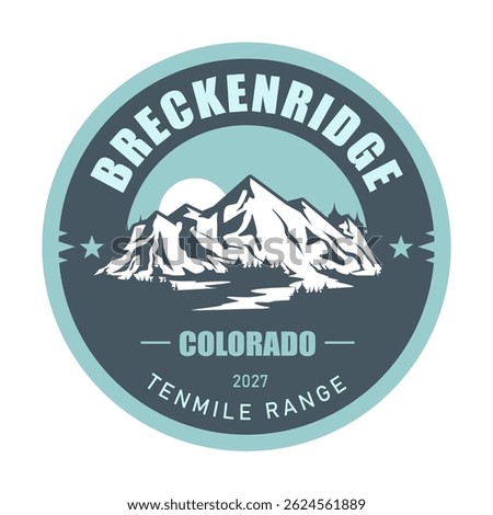 Breckenridge, Colorado ski resort emblem with snow covered mountains, Tenmile range, vector