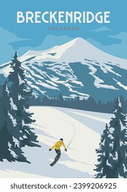 breckenridge colorado vintage travel poster illustration design, man playing snowboarding with mountain view on background