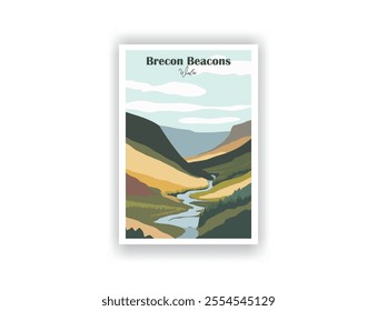 Brecon Beacons. Hand drawn, Vector illutration. Vintrage travel poster. Wall Art and Print Set for Hikers, Campers, and Stylish Living Room Decor.