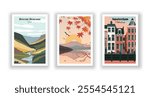 Brecon Beacons, Wales, Autumn season at sunset in Japan, Amsterdam, Netherlands. Vector illutration. Vintrage travel poster. Wall Art and Print Set for Hikers, Campers, and Stylish Living Room Decor.