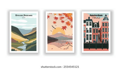 Brecon Beacons, Wales, Autumn season at sunset in Japan, Amsterdam, Netherlands. Vector illutration. Vintrage travel poster. Wall Art and Print Set for Hikers, Campers, and Stylish Living Room Decor.